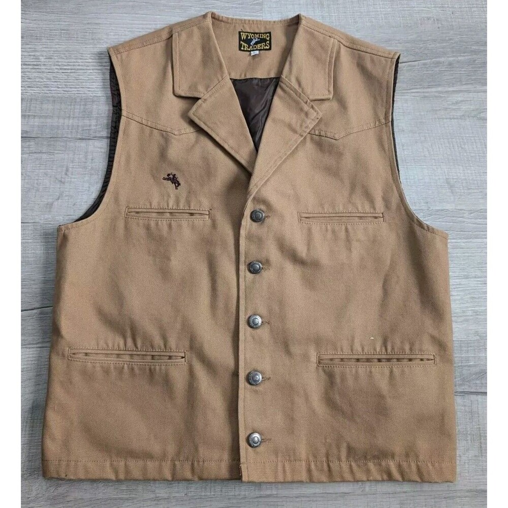 Vintage Wyoming Traders Vest Men's Size L Lined Tan Cotton Canvas Western